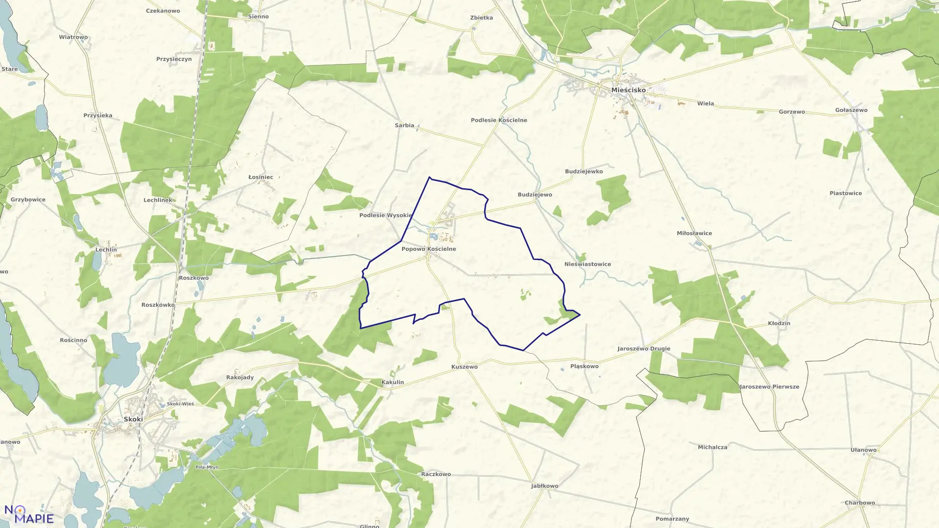 Mapa obrębu POPOWO KOŚCIELNE gmina Mieścisko